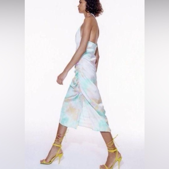 Zara | Silk Scrunch Pastel Tye Dye Slip Style Dress Sz L - Picture 8 of 11